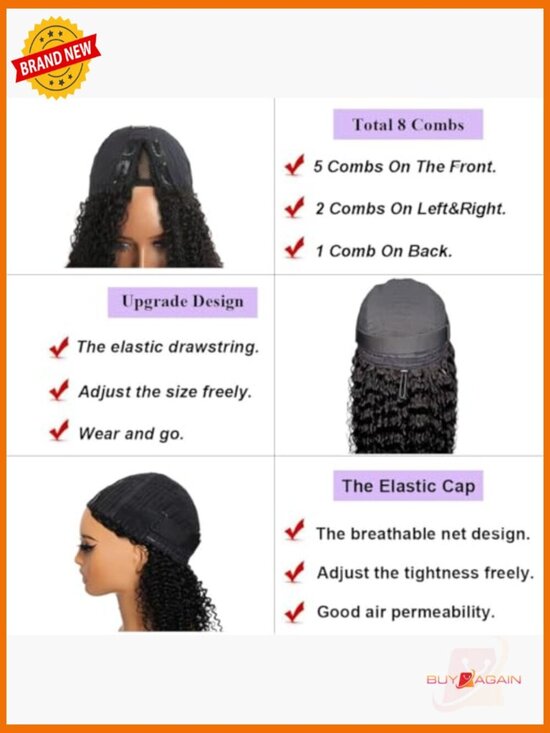 V Part Curly Wig Human Hair 180% Density Glueless Wear and Go Half Wig 16in